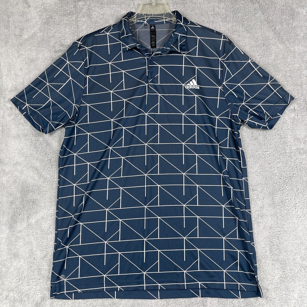 Adidas Polo Shirt Mens Large Blue Geometric Print Short Sleeve Golf Activewear